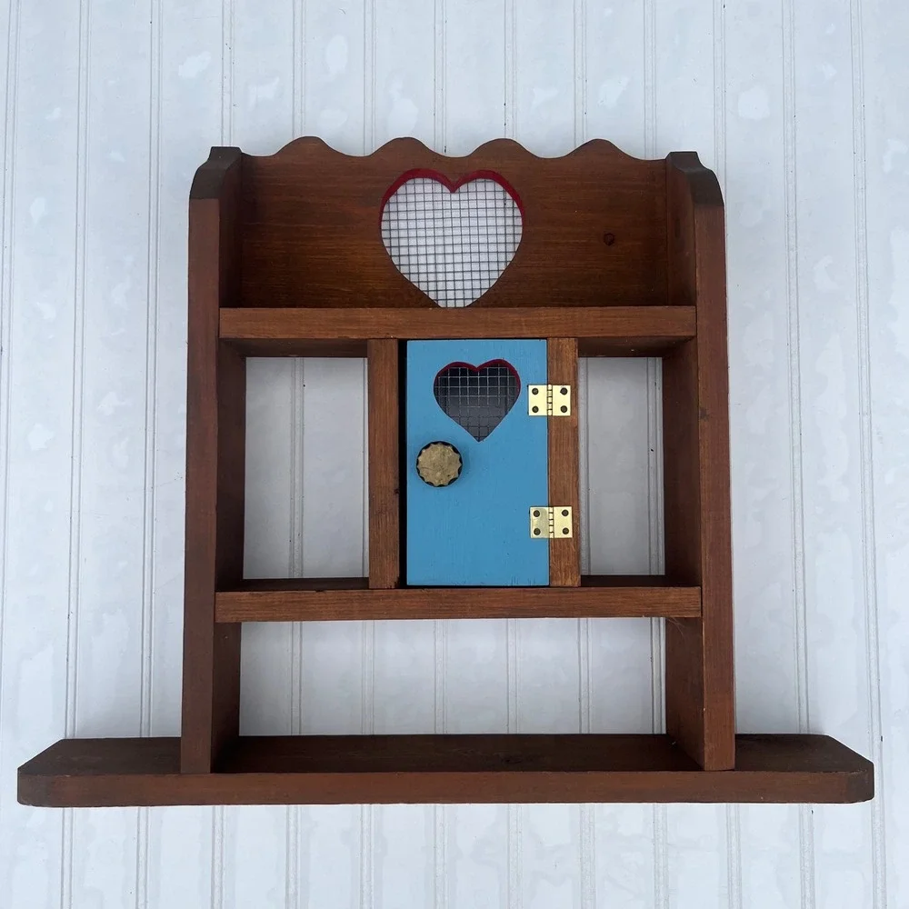 Handmade Wooden Heart Wall Shelf Shadow Box Blue Door Brown Rustic Country Decor